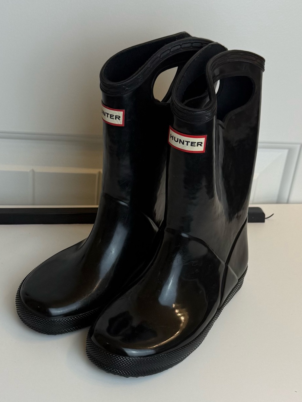 Hunter Black Gloss Kids Rain Boots with Pull Handles